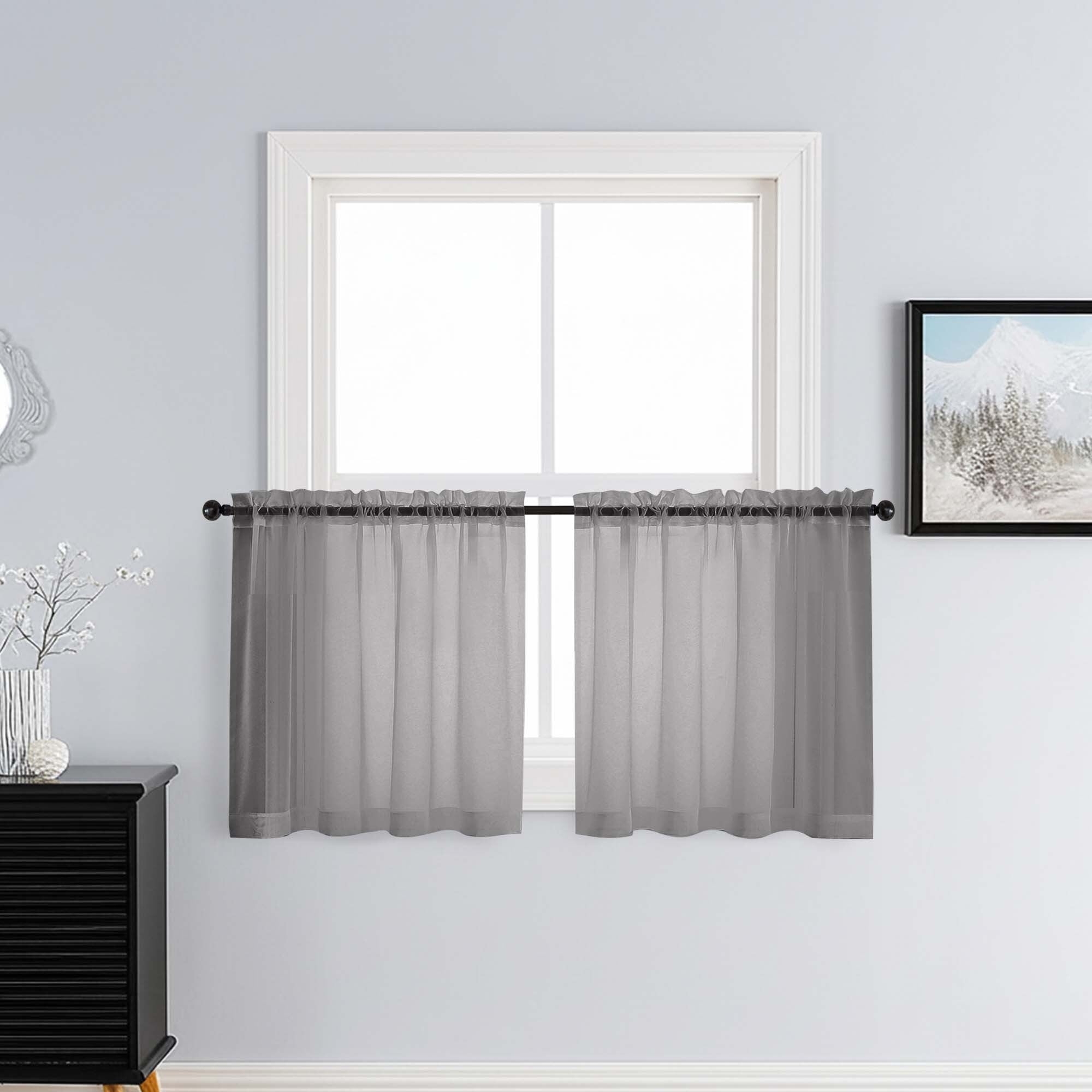 Patin Charcoal Grey Sheer Curtains 24 Inch Length 2 Pcs, Voile Solid Color Short Kitchen Curtain, Breathable Farmhouse Drapes Dual Rod Pockets for Bedroom Cafe Bathroom, Each Panel 42" W x 24" L