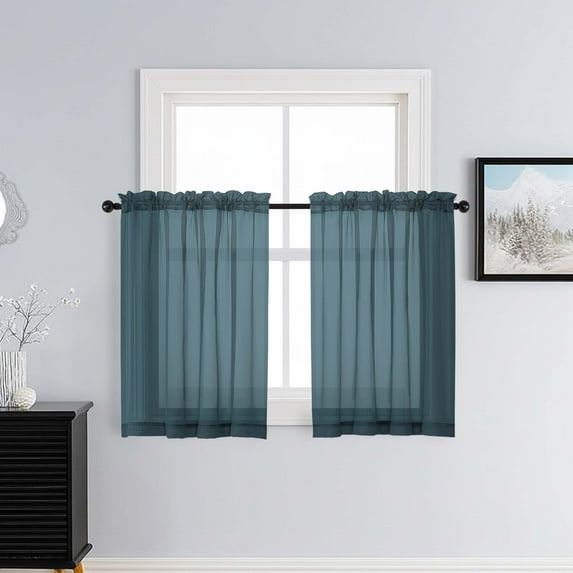 Patin Dusty Blue Sheer Curtains 36 Inch Length 2 Pcs, Kitchen Curtain Rustic Short Voile Airy Solid Color, Light Filtering Drapes Rod Pockets for Cafe Bedroom Basement, Each Panel 42" W x 36" L