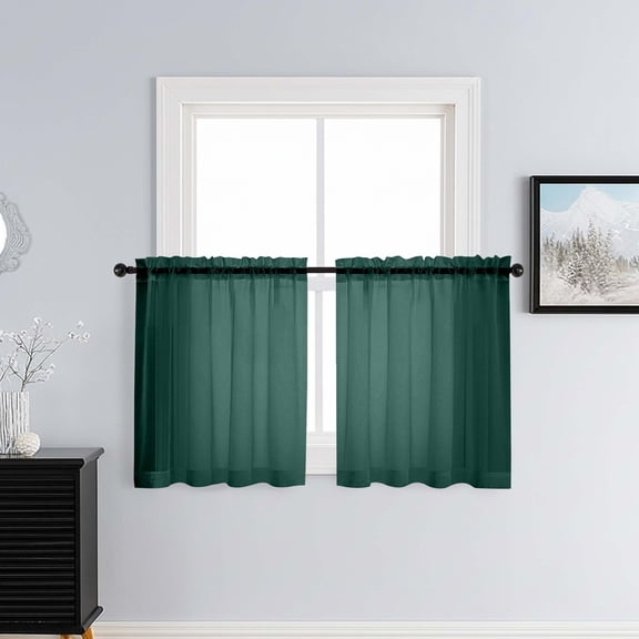 Patin Hunter Green Sheer Curtains 30 Inch Length 2 Pcs, Voile Solid Color Short Kitchen Curtain, Privacy Farmhouse Drapes Dual Rod Pockets for Cafe Bedroom Basement, Each Panel 42" W x 30" L