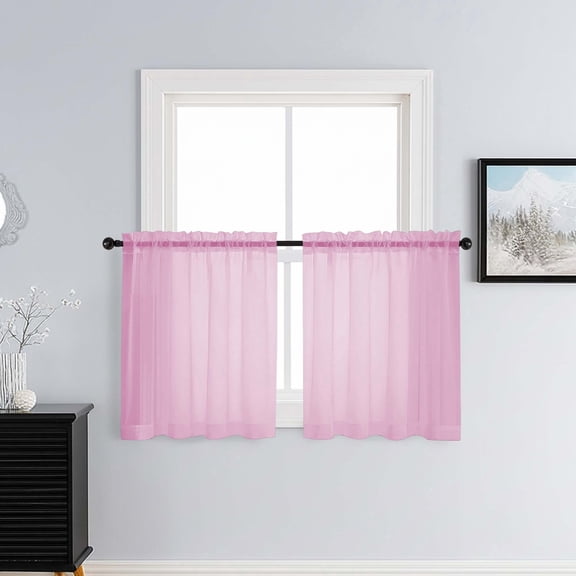 Patin Light Pink Sheer Curtains 30 Inch Length 2 Pcs, Voile Solid Color Short Kitchen Curtains, Farmhouse Light Filtering Drapes Dual Rod Pockets for Cafe Bedroom Basement, Each Panel 42" W x 30" L
