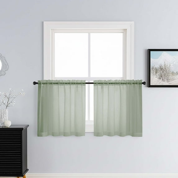 Patin Sage Green Sheer Curtains 24 Inch Length 2 Pcs, Rustic Voile Solid Color Short Kitchen Curtains, Breathable Farmhouse Drapes Dual Rod Pockets for Bedroom Cafe Bathroom, Each Panel 42" W x 24" L