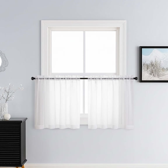 Patin White Sheer Curtains 24 Inch Length 2 Pcs, Voile Airy Solid Color Short Kitchen Curtains, Light Filtering Farmhouse Drapes Dual Rod Pockets for Bedroom Cafe Bathroom, Each Panel 42" W x 24" L