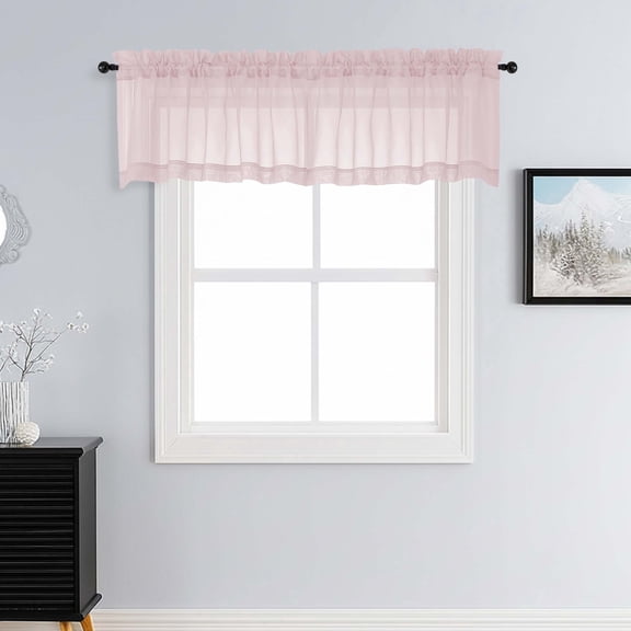 Patin Blush Pink Sheer Curtains Valances for Windows 14 Inch Length 2 Pcs, Solid Color Short Kitchen Curtain, Home Decor Drapes with Rod Pockets for Cafe Bedroom Basement, Each Panel 42" W x 14" L