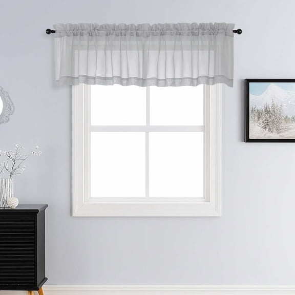 Patin Light Grey Sheer Curtains Valances for Windows 14 Inch Length 2 Pcs, Solid Color Small Kitchen Curtain, Farmhouse Drapes with Rod Pockets for Cafe Bedroom Bathroom, Each Panel 42" W x 14" L