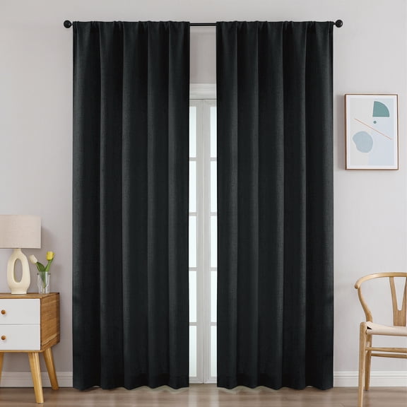 Patin Black Curtains 2 Panels 52 x 96 Inch, Farmhouse Faux Linen Textured Light Filtering Rod Pocket Window Curtains, Pricavy Bedroom Long Drapes