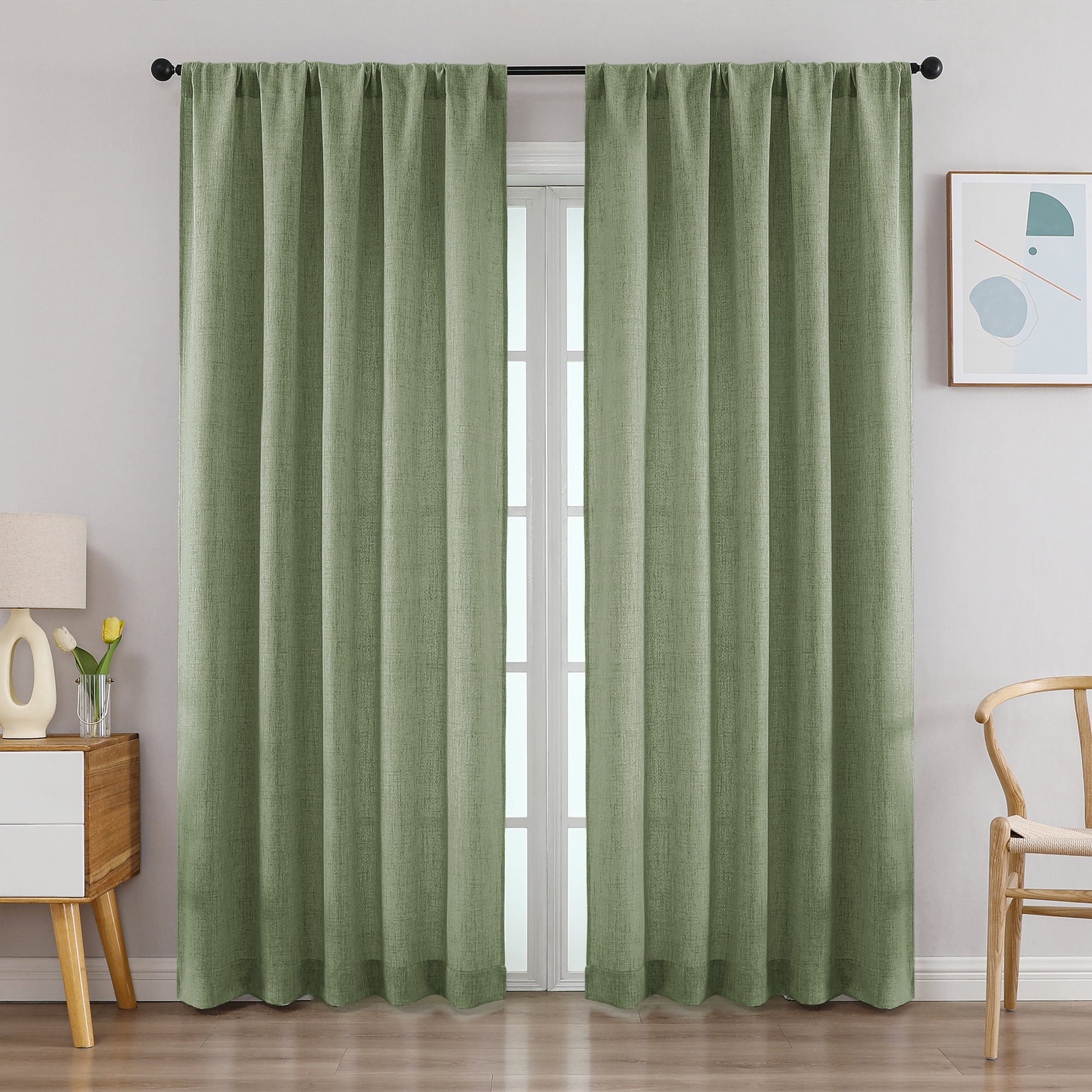 Patin Green Curtains 2 Panels 52 x 84 Inch, Vintage Faux Linen Textured Light Filtering Airy Farmhouse Curtains, Privacy Rod Pocket Bedroom Window Drapes for Living Room Sliding Door