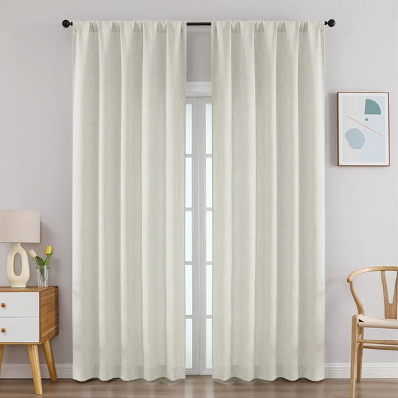 Patin Natural Curtains 2 Panels 52 x 96 Inch, Rod Pocket Light Filtering Faux Linen Textured Farmhouse Window Curtains, Soft Long Bedroom Drapes for Living Room