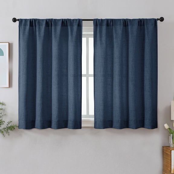 Patin Navy Blue Curtains 2 Panels 42 x 45 Inch, Rustic Farmhouse Light Filtering Window Curtains, Rod Pocket Faux Linen Textured Bedroom Drapes