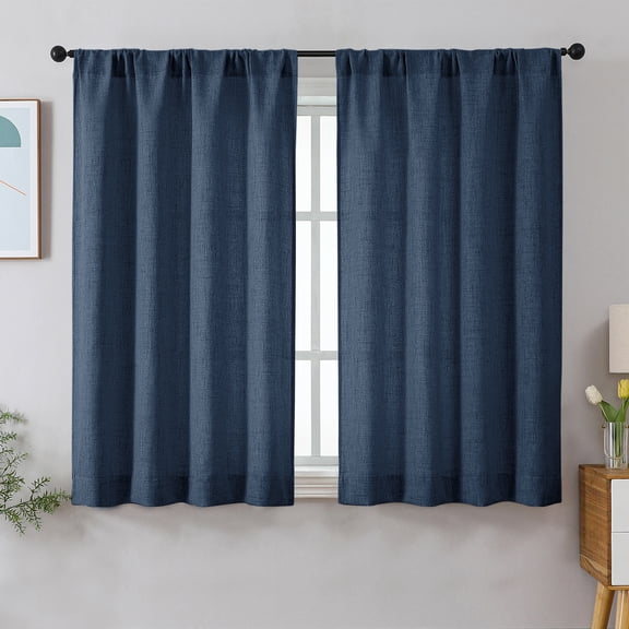 Patin Navy Blue Curtains 2 Panels 42 x 54 Inch, Rustic Farmhouse Light Filtering Window Curtains, Rod Pocket Faux Linen Textured Bedroom Drapes