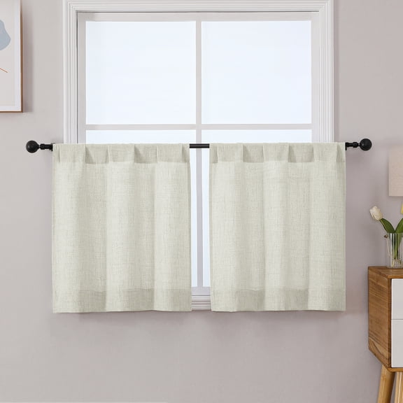 Patin Natural Kitchen Curtains 2 Panels 30 x 24 Inch, Soft Faux Linen Textured Rod Pocket Short Light Filtering Curtains, Cafe Drapes for Small Bathroom Windows