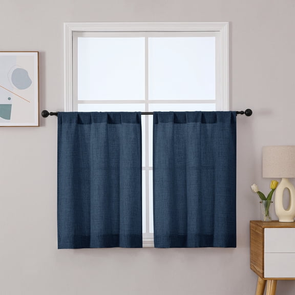 Patin Navy Blue Kitchen Curtains 2 Panels 30 x 36 Inch, Light Filtering Faux Linen Rod Pocket Short Window Curtains, Airy Home Decor Cafe Drapes