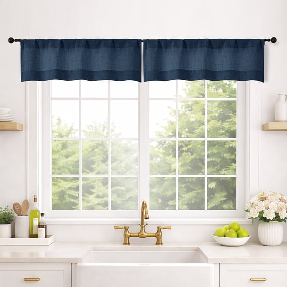 Patin Navy Blue Valances for Windows 2 Panels 52 x 12 Inch, Short Kitchen Curtains with Faux Linen Textured, Vintage Rod Pocket Bedroom Curtains for Cafe Cabinet