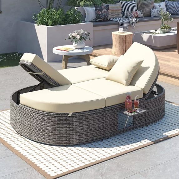 Patio 2-Person Sun Bed Daybed with 3 Adjustable Backrests and Foldable Cup Trays, Rattan Garden Double Reclining Chaise Lounge with Cushions and Pillows for Lawn Poolside, Beige
