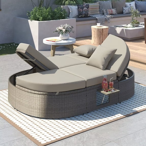 Patio 2-Person Sun Bed Daybed with 3 Adjustable Backrests and Foldable Cup Trays, Rattan Garden Double Reclining Chaise Lounge with Cushions and Pillows for Lawn Poolside, Grey