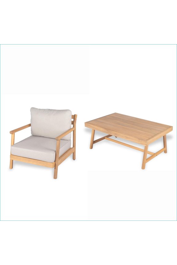 Patio 2-Piece Outdoor Chat Set | Teak Finish Beige Water-resistant Cushions for Patio Garden | Teak+ Beige | Acacia Wood