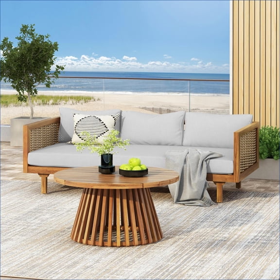 Patio 2-Piece Rustic Weather-Resistant Outdoor Conversation Set, For Garden Deck Poolside | LIGHT GREY | Acacia Wood