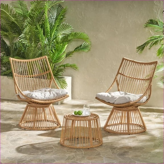 Patio 2-Piece Wicker Chair & Side Table Chat Set | Mid-Century Retro | Outdoor Porch Use | Tan Brown | PE Rattan+Iron+Waterproof Fabric