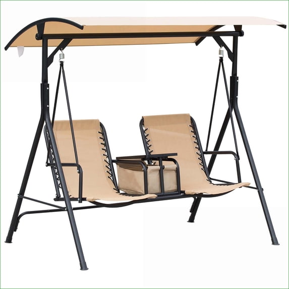 Patio 2-Seat Outdoor Canopy Swing Glider | For Backyard Porch Campfires Cookouts | Adjustable Shade Storage | Beige | Steel