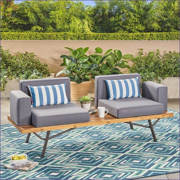 Patio 2-Seater Modern Acacia Wood Sofa with Iron Legs, Teak Finish, Charcoal Gray Fabric Cushions | Natural+Grey | Fabric