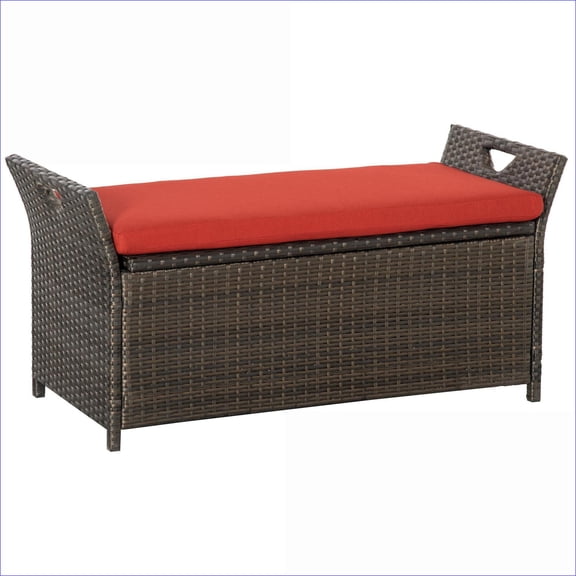 Patio 2-in-1 27 Gallon PE Rattan Storage Bench, Seating for Porch Garden Deck | Crimson Red | Steel