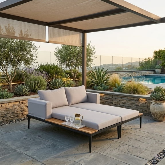 Patio 2 in 1 Padded Chaise Lounges with Wood Topped Side Spaces, Outdoor Daybed Sunbed Sun Lounge Chair for Poolside, Balcony, Deck