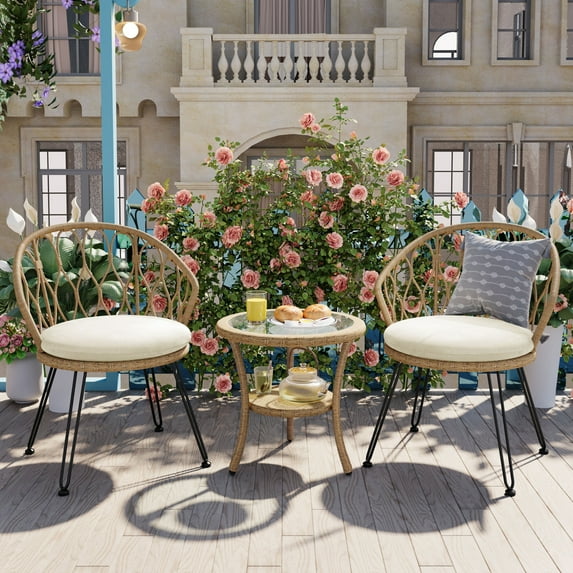 Patio 3 Piece Chat Set with 2 Rattan Single Chairs & A Glass Round Table, Outdoor Leisure Set for Patios, Balconies, Courtyards, Beige+Natural