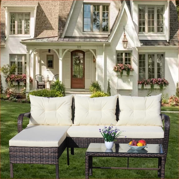 Patio 3 Piece Modern Outdoor Rattan Sectional Conversation Set with Beige Cushions & Tempered Glass Table | Tan Brown | Rattan