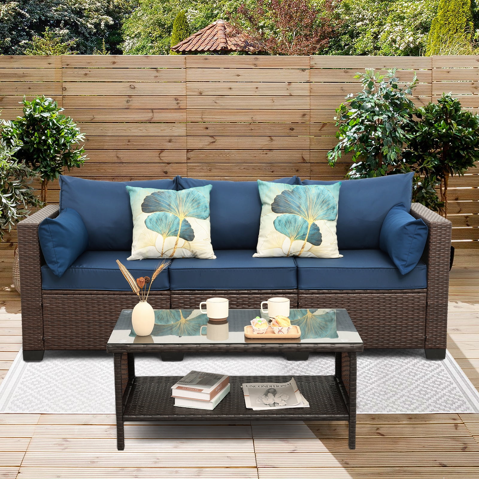 Patio 3 Seat Sofa Outdoor Wicker Couch with Glass Coffee Table Set, Brown Wicker and Navy Blue Cushion