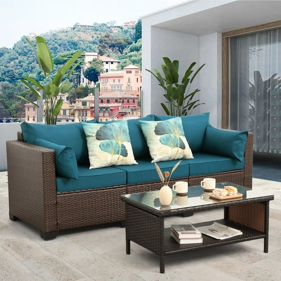 Patio 3 Seat Sofa Set Outdoor Wicker Couch with Glass Coffee Table, Brown Wicker and Peacock Blue Cushion