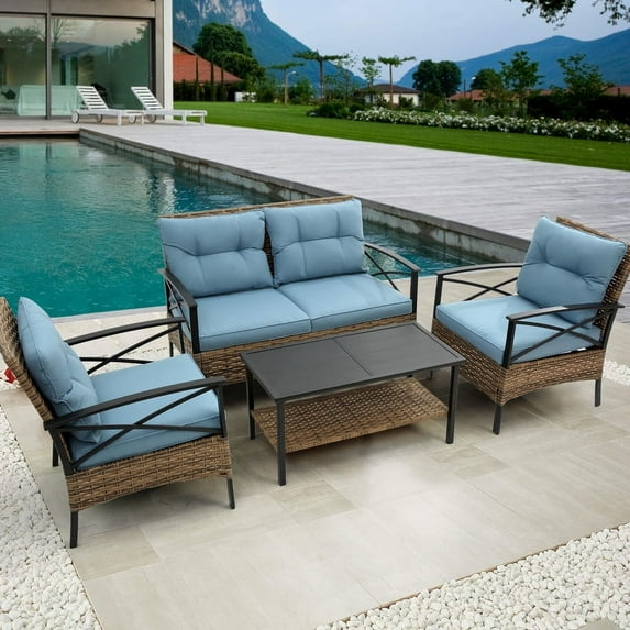 Patio 4 PCS Sectional Low Dining Conversation Sofa Set,Rattan Wicker Outdoor Garden Furniture Corner Sofa Set with Cushion