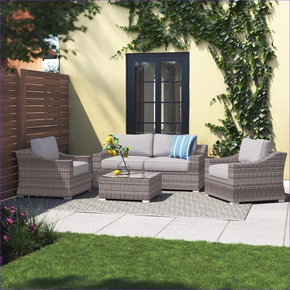 Patio 4-Seater 5-Piece Modern All-Weather Conversation Set, Pre-Assembled for Outdoor Entertaining, Light Gray |Grey Mix|Wicker