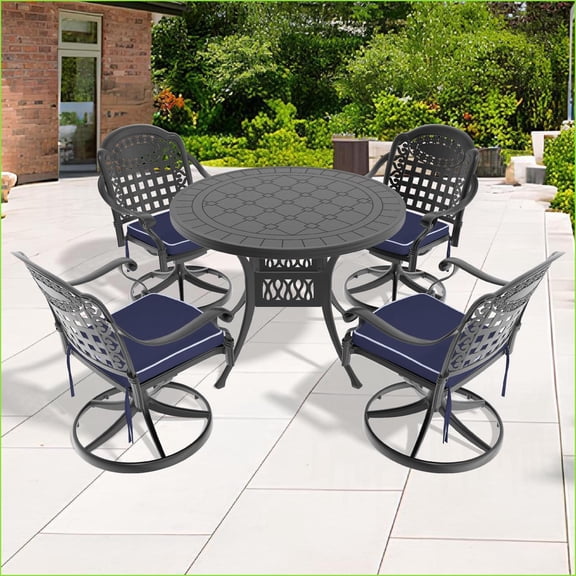 Patio 5-Piece All-Weather Cast Aluminum Outdoor Dining Set with 4 Swivel Chairs & 39.37'' Round Table | Black | Aluminum