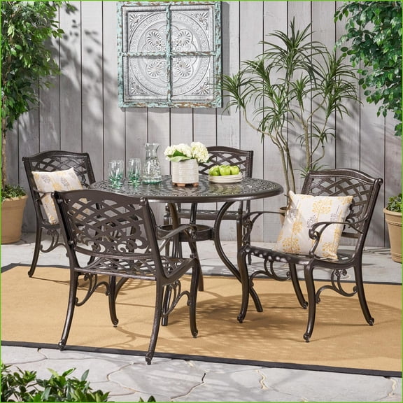 Patio 5-Piece Dining Set, Contemporary Round Table with Umbrella Hole, Cast Aluminum Bronze Finish | Bronze | Aluminum