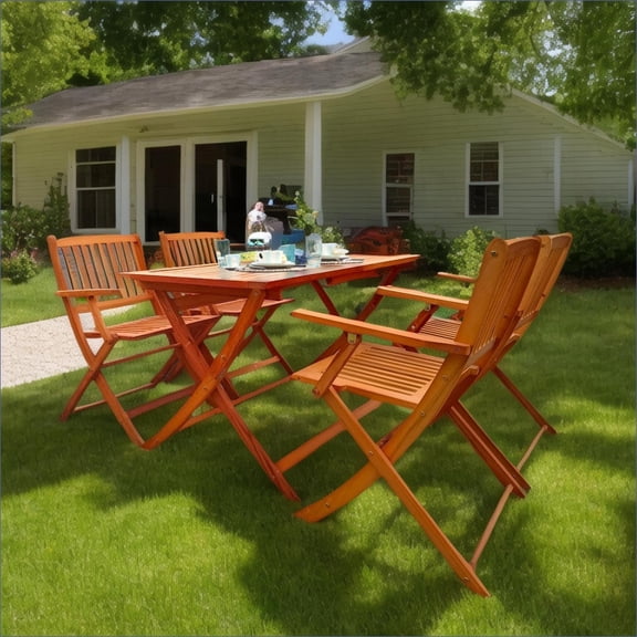 Patio 5-Piece Foldable Dining Set, Teak Tan Brown Finish, For Patio Backyard Sunroom Indoor Outdoor | Solid Wood | Oak