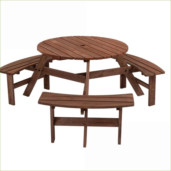Patio 6-Person Circular Picnic Table with 3 Built-in Benches for Backyard Garden | Tan Brown | Solid Wood