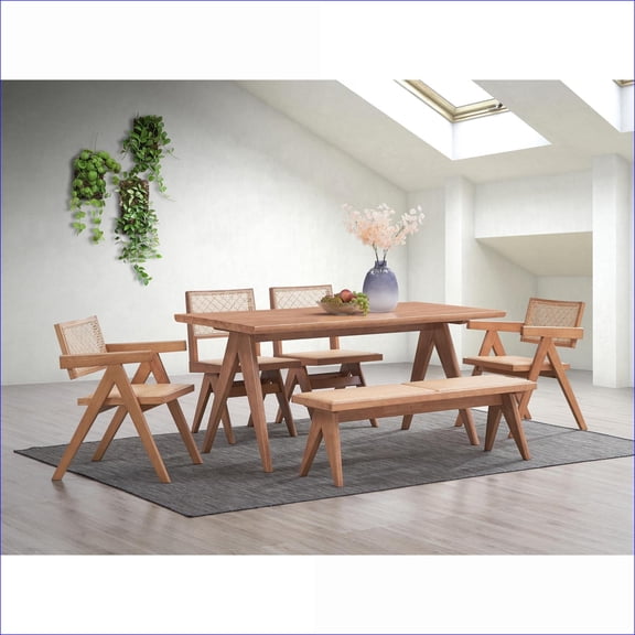 Patio 6-Piece Modern Outdoor Dining Set | Walnut Brown Finish | For Backyard Gatherings | Natural | Rattan