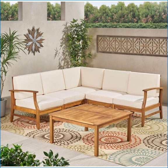 Patio 6-Piece Sectional Sofa Set, Coastal Style with Coffee Table | Acacia Wood | Cream