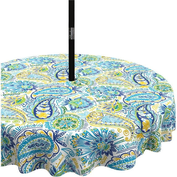 Patio 60-Inch Round Tablecloth, Outdoor Stain and Fade Resistant Table Covers with Zipper, Picnic Table Cloth with Umbrella Hole for Home and Garden Circular Table Decoration, Paisley Blue