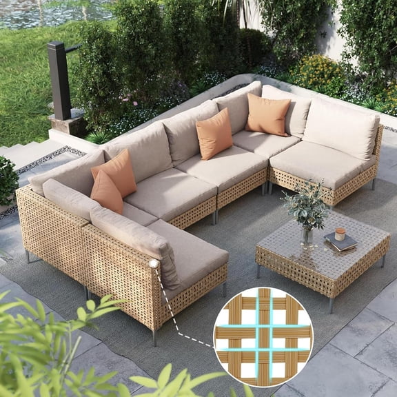 Patio 7-Piece Wicker Patio Furniture Set, Boho Outdoor Conversation Set Sectional Sofa with Water Resistant Thick Cushions and Coffee Table, Cream