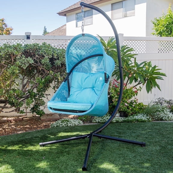 Barton Aluminum Steel Egg Hanging Chair with Stand and UV Resistant Cushion, Aqua