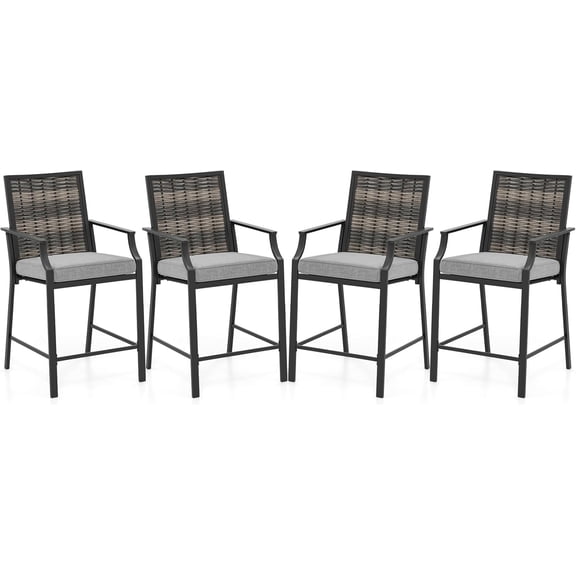 Patio Bar Chairs Set of 4, Counter Height Bar Stools w/Armrest, Fabric Seat & Heavy - Duty Metal Frame, Outdoor Cushioned Seating Furniture for Backyard, Porch, Poolside