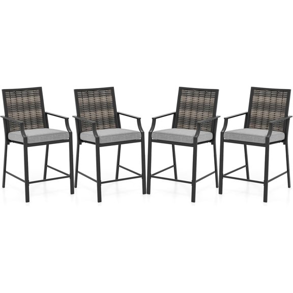 Patio Bar Chairs Set of 4, Counter Height Rattan Bar Stools w/Armrest, Fabric Seat & Heavy-Duty Metal Frame, Outdoor Cushioned Rattan Seating Furniture for Backyard, Porch, Poolside (2)