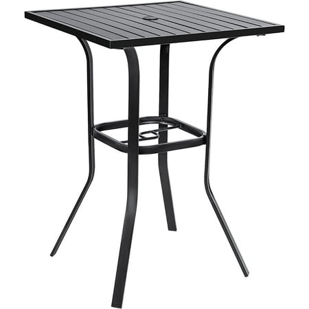 Patio Bar High 39” Table Metal Frame Outdoor Bar Bistro Table, Slatted Table Top with 1.57" Umbrella Hole, Classic Black