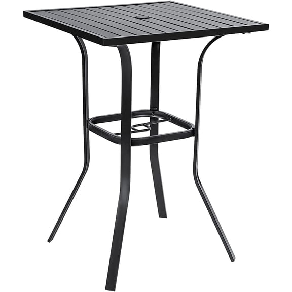 Patio Bar High 39 Table Metal Frame Outdoor Bar Bistro Table, Slatted Table Top with 1.57" Umbrella Hole, Classic Black