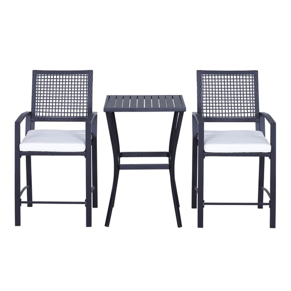 Patio Bar Set 3pcs, Rattan Outdoor Furniture for Backyards, Black Wicker Bar Table with Cushioned Chairs, Deck, Lawn, Poolside Seating