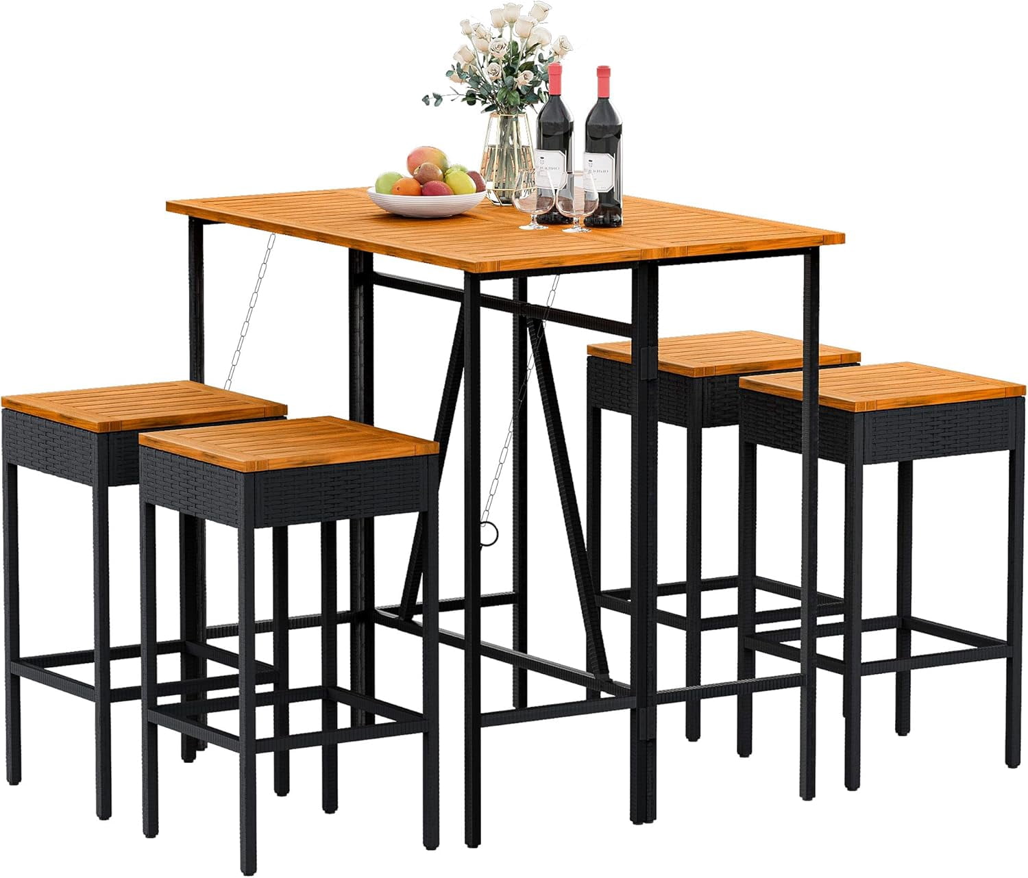 Patio Bar Set 5 Pieces Acacia Wood Patio High Top Bar Table and Stools ...