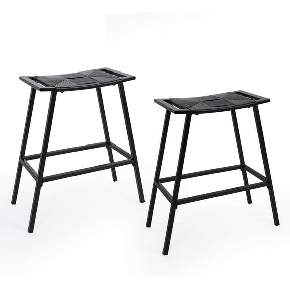 Patio Bar Stools Set of 2, 26 inch Backless for Kitchen Island, Wicker Counter Height Bar Height Stools, Rattan Bar Stools with Metal Base, 350lbs 02-0306BK(2PK)