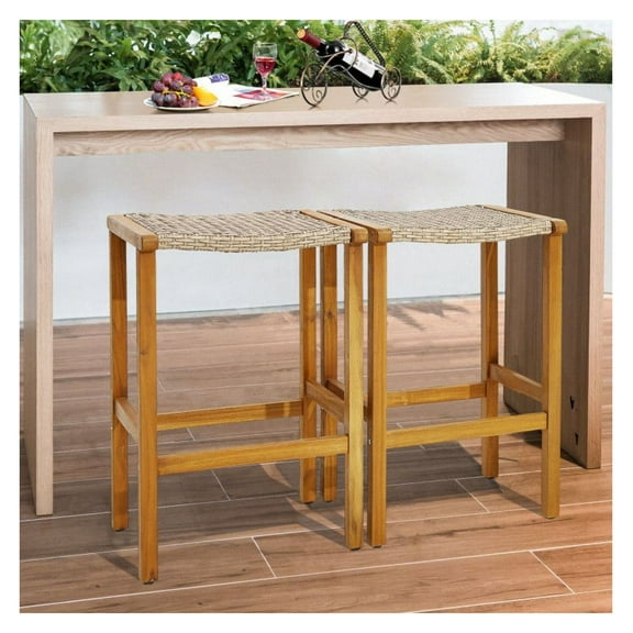 Patio Bar Stools Set of 2/4, Acacia Wood & PE Rattan Outdoor Bar Chairs, Rustic Style for Backyard, Poolside, Balcony - 400lbs Capacity, Teak Finish, Footrest