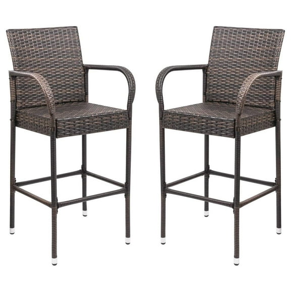Patio Bar Stools Wicker Barstools Indoor Outdoor Bar Stool Patio Furniture with Footrest and Armrest for Garden Pool Lawn Backyard Set of 2 (Brown)