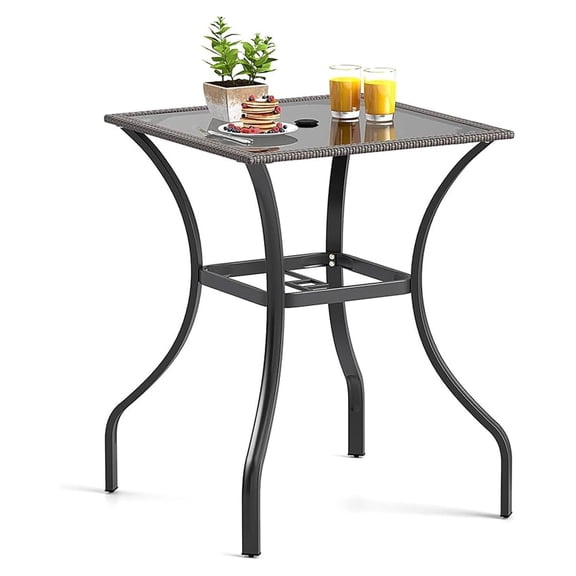 Patio Bar Table, 28.5 x 28.5 inch Outdoor Bar Height Dining Table with Rattan Edge & Heavy-Duty Metal Legs, 2 inch Umbrella Hole, Square Bistro Bar Table for Poolside, Backyard, Balcony